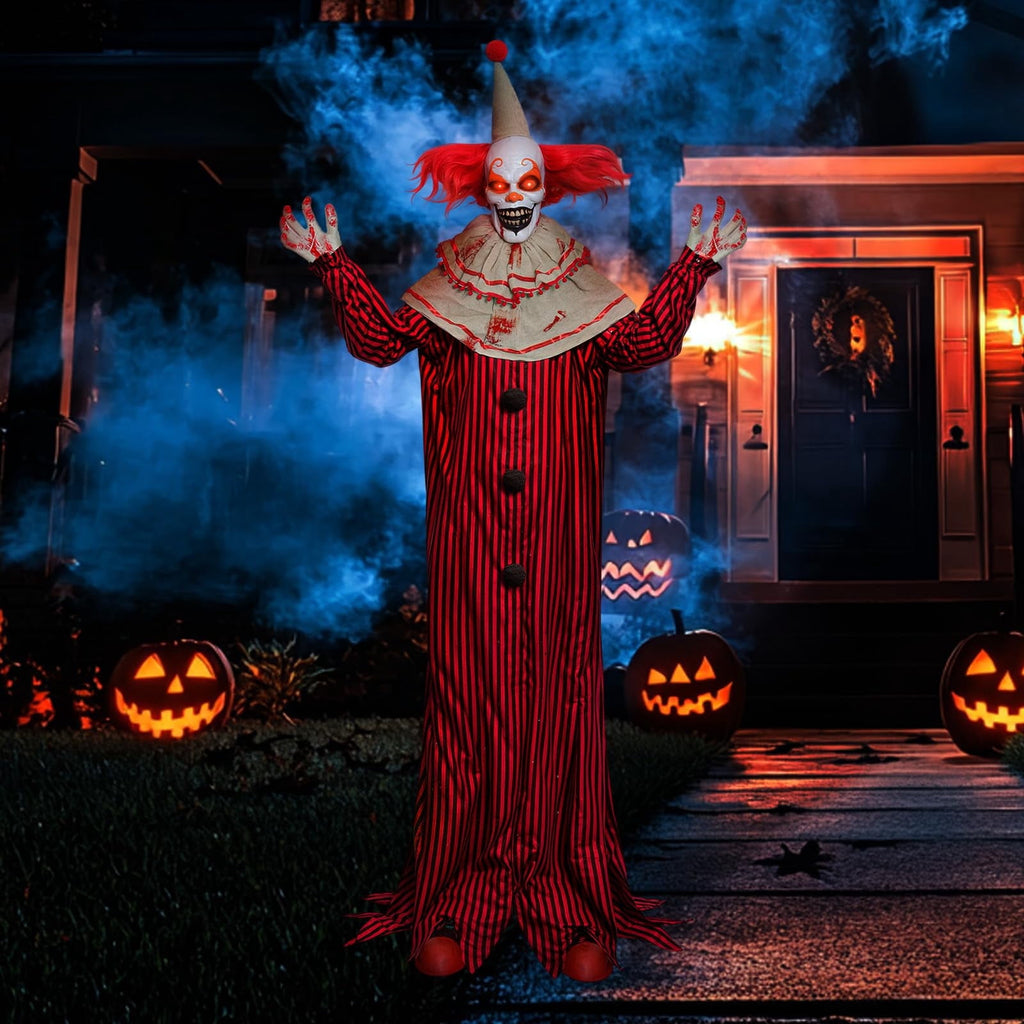72" Halloween Decorations Outdoor Standing Animatronic Clown with Red Light Up Eyes, Motion and Sound Activated Moving Arms and Head, Scary Clown Halloween Yard Patio House Decor