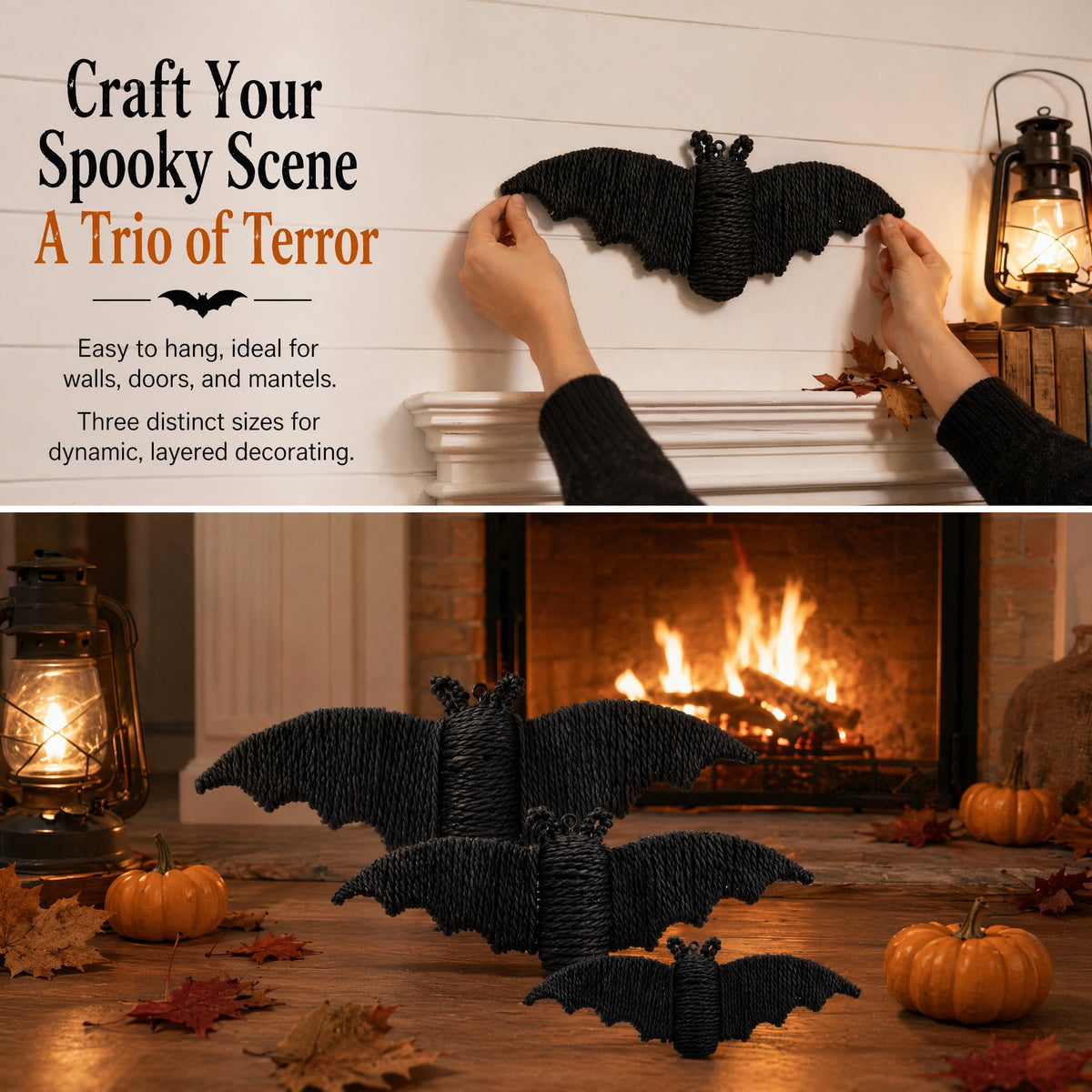GoLucid Halloween Woven Bat Wall Decoration 3 Pack, Handcraft Rattan Bat Hanging Ornament Set 6.3" 7.48" 9.06", Indoor Outdoor Decor