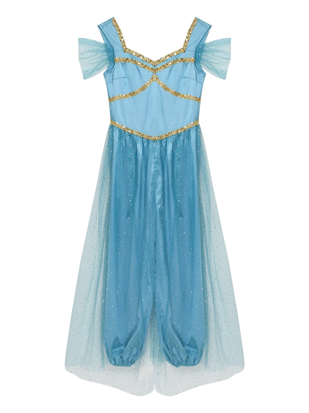 Aislor Women Halloween Arabian Princess Cosplay Costume Sequins Belly Dance Romper Jumpsuit Fancy Dress Lake Blue L