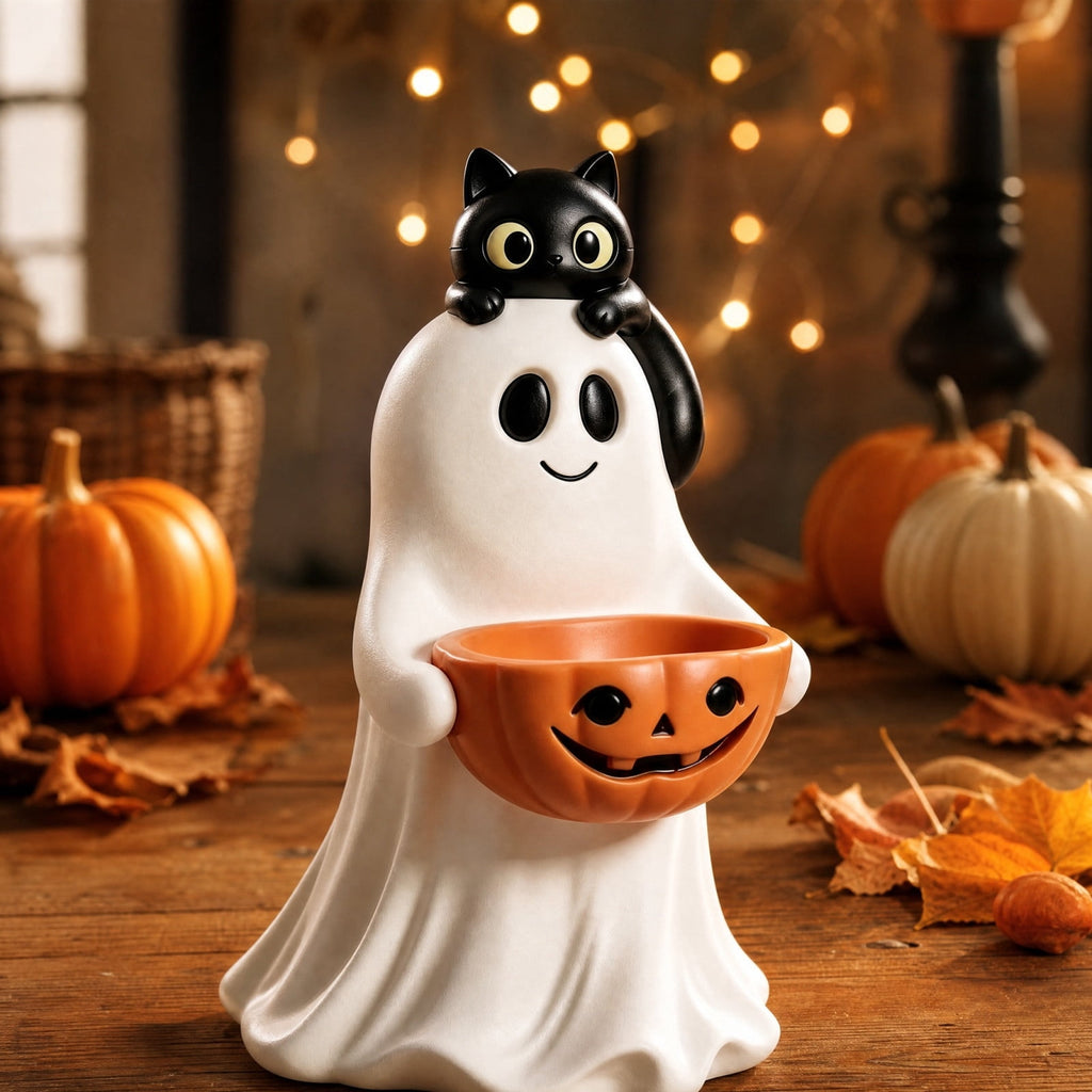 Clearance Halloween Ghost Resin Figurine with Black Cat & Pumpkin Candy Bowl 10“- Cute Spooky Tabletop Decor for Home Mantel, Shelf, and Indoor Fall Display