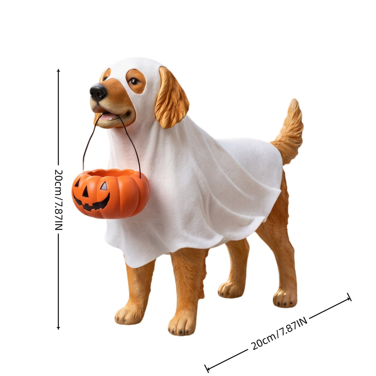 Halloween Ghost Dog Figurine, LED Light Statue, Yard Garden Decor, Treat Bucket Detail and Standing Sturdy Build for Front Porches, Garden Walkways and Tabletop Displays.