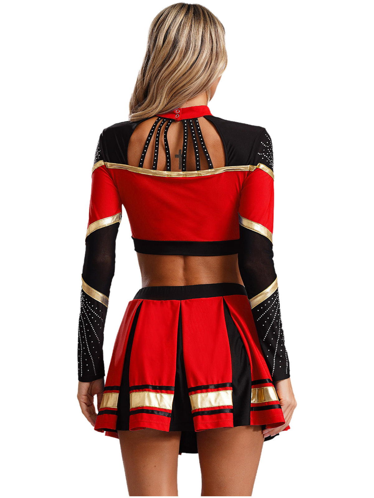 TiaoBug Women Cheer Leader Uniform Dance Cheerleading Costume Long Sleeve Crop Top with Mini Skirt White S