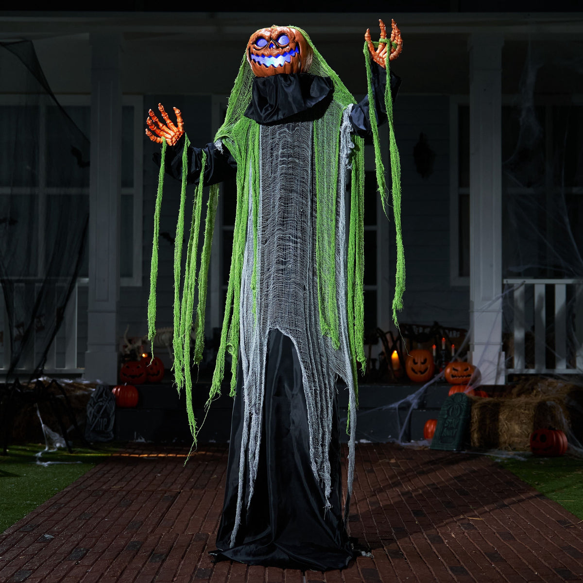 Joyfy 67" Standing Grim Reaper with Chain, Large Halloween Decorations Outdoor, Life Size Animatronics Skelton, Sound-Actived Party Decor with Creepy Sound & LED Eyes, Scary Haunted House Props
