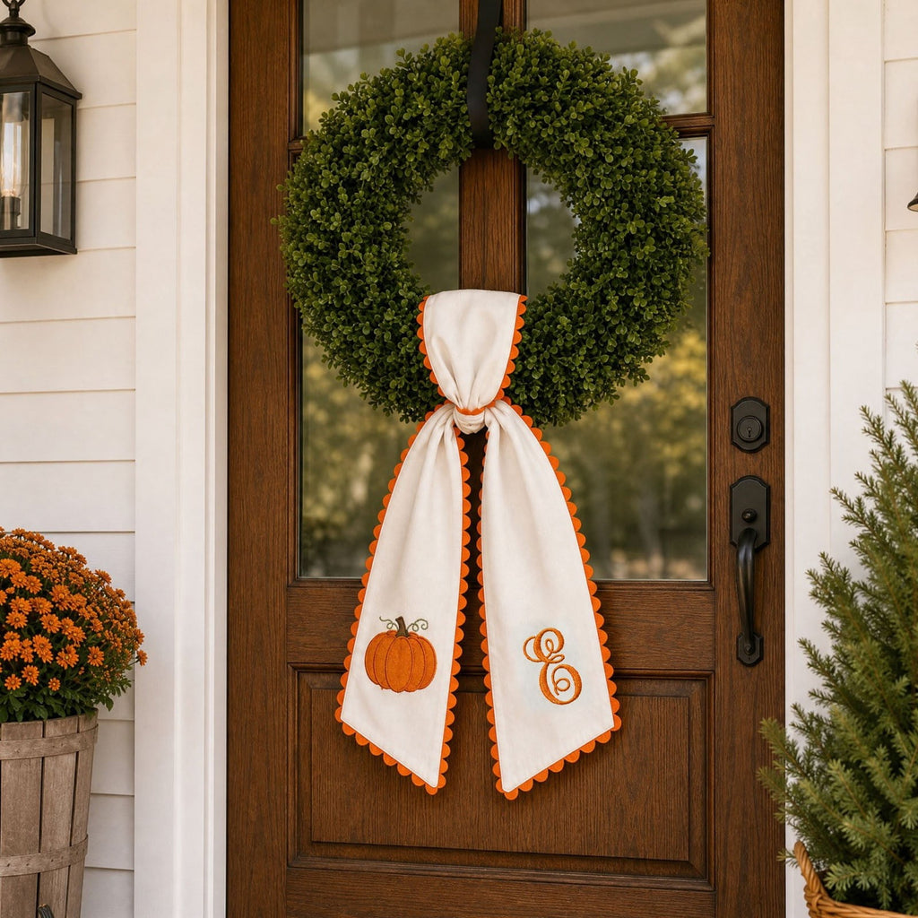 Pumpkin Embroidered Wreath Sash, 50 x 5 inch Orange Scalloped Lettered Ribbon for Halloween, Thanksgiving, Front Door, Seasonal Garland and Fall Home Decor, W