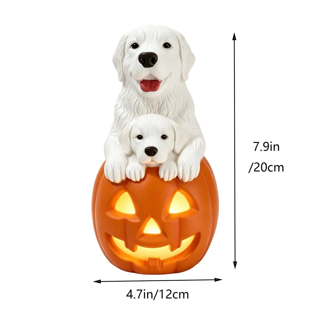 Halloween Dog Greeter - Frenchie 7.9in Resin Witch Dog with Light-Up Pumpkin, Spooky Fall Decor, Indoor Outdoor Tabletop Decoration