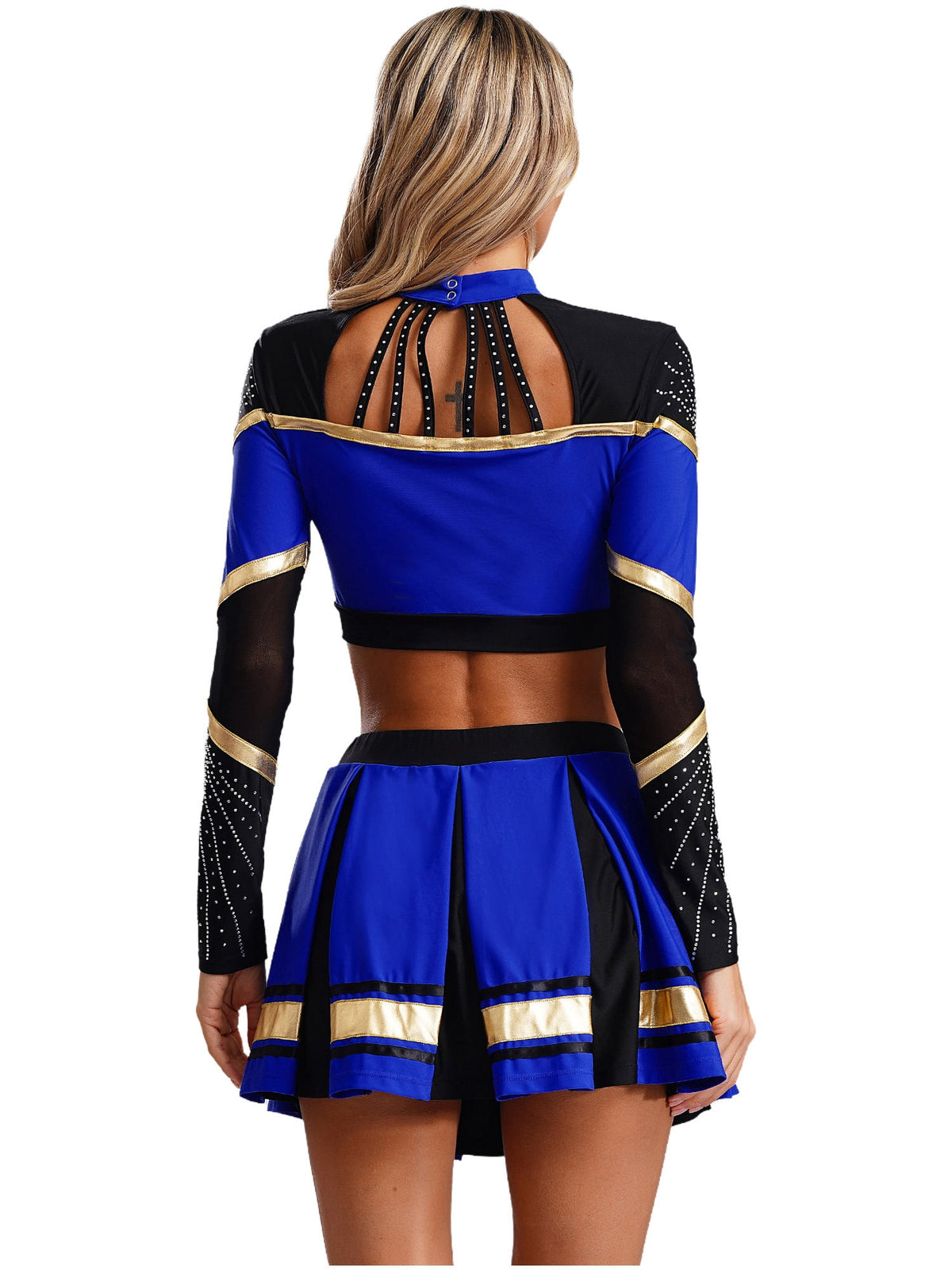 TiaoBug Women Cheer Leader Uniform Dance Cheerleading Costume Long Sleeve Crop Top with Mini Skirt White S