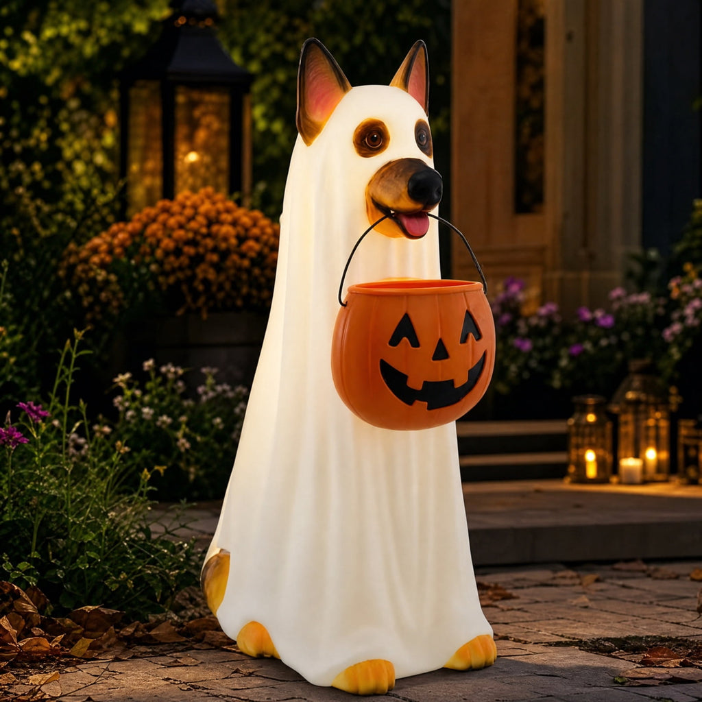 Halloween Dog Greeter - Frenchie 7.9in Resin Witch Dog with Light-Up Pumpkin, Spooky Fall Decor, Indoor Outdoor Tabletop Decoration