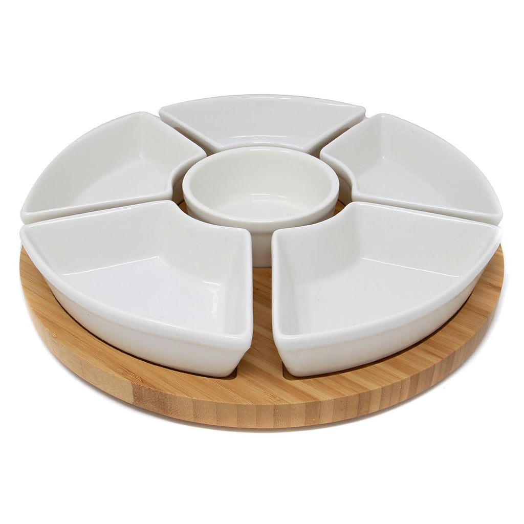 Lazy Susan Bamboo Rotating Dip Set & Ceramic Dishes | M&W