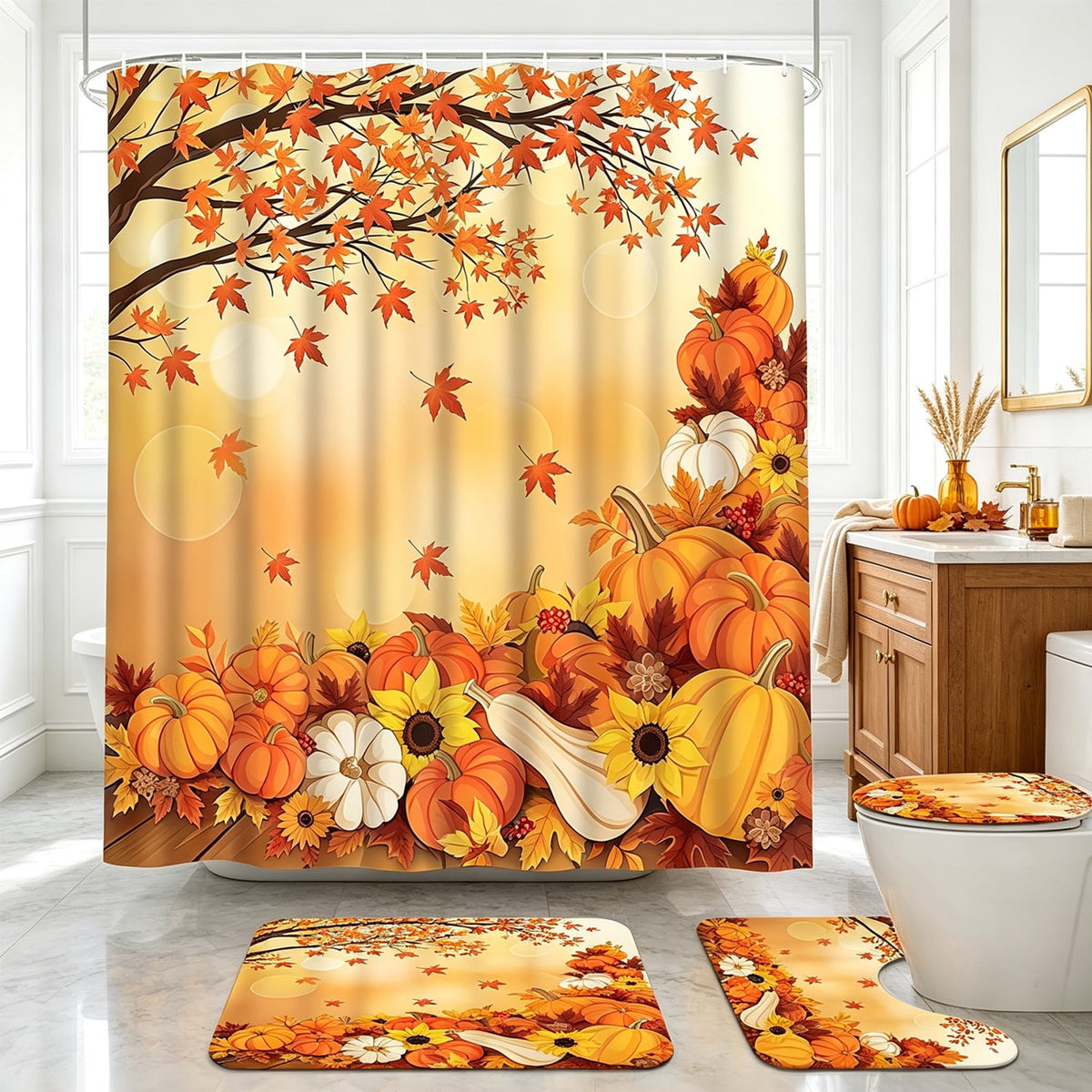 FRAMICS 16-Piece Fall Shower Curtain Sets with Rugs, Maple Leaves Pumpkin Bathroom Sets, Waterproof Fabric Bathroom Curtain Decor with Hooks