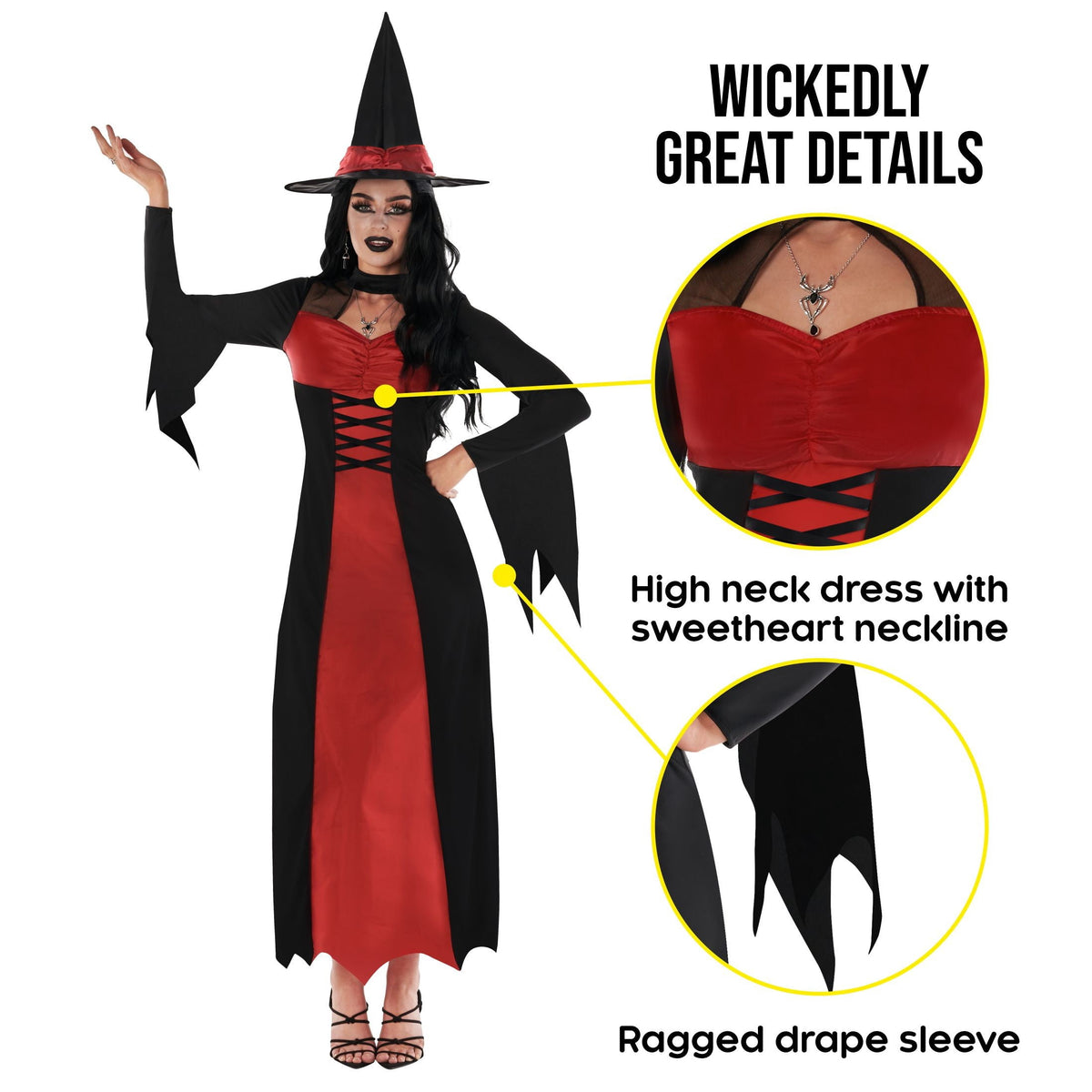 Morph Womens Long Red Witch Costume & Hat Ladies Wicked Halloween Fancy Dress Halloween Red M