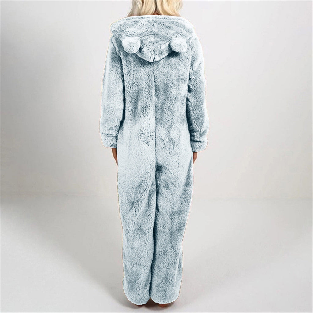 QATAINLAV Sherpa Fleece Jumpsuit for Women Winter Warm Fuzzy Onesie Pajamas Cute Cat Hooded Romper Casual Zip Up Overalls Sleepwear Black XL