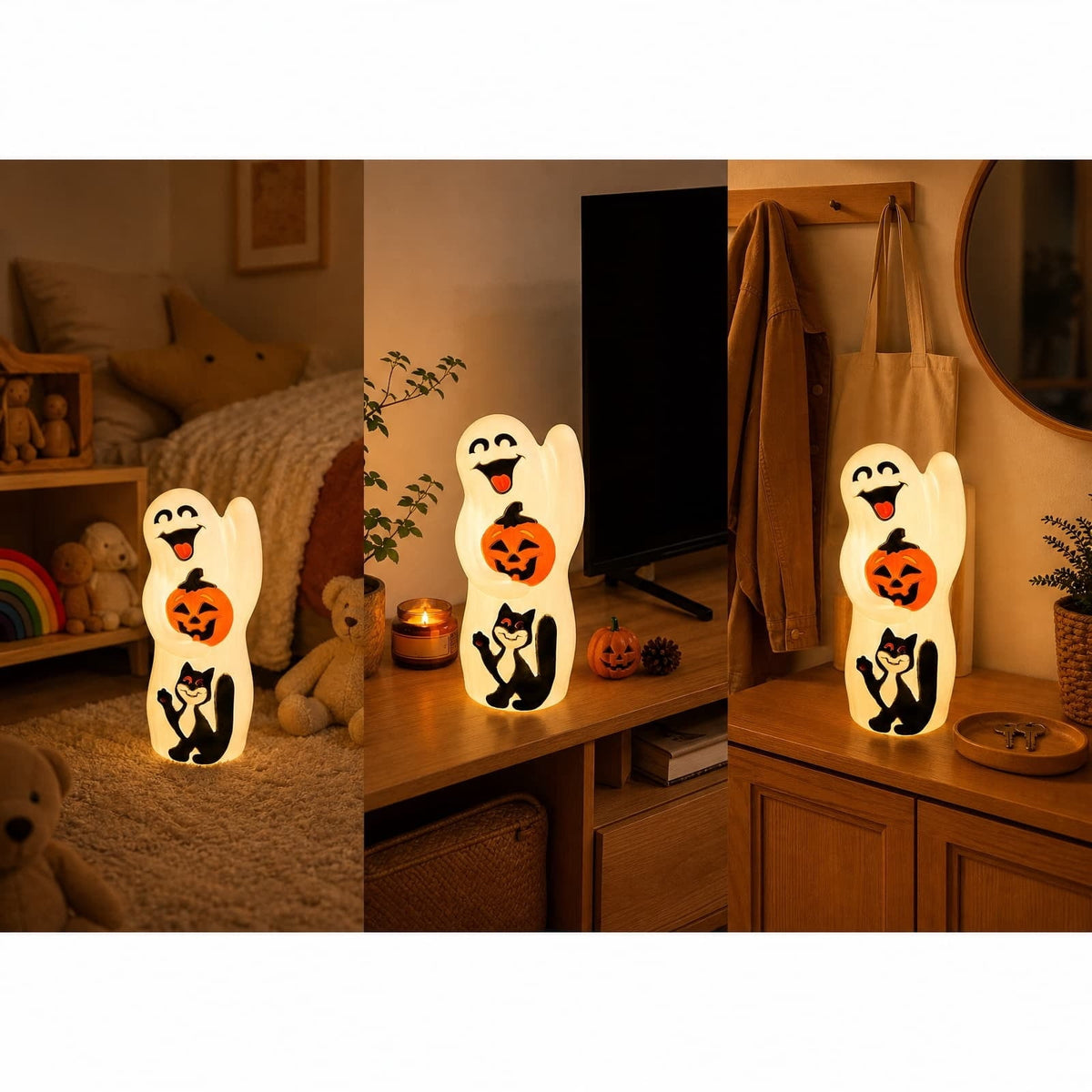Halloween Lighted Vintage Patchwork Ghost, Blow Mold Ghost with Black Cat and Pumpkin LED Lamp, Festival Tabletop Decoration, Fall Home Decor and Table Ornament