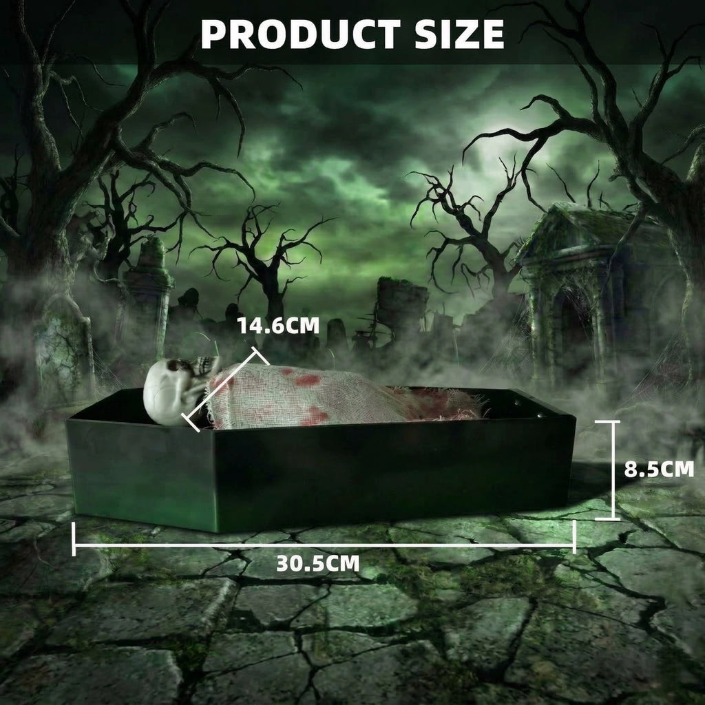 Animated Skeleton Coffin Decoration, Voice Activated Rising Skull Prop With Green Light Spooky Sound Effect, Halloween Party Prank Decor for Home Yard Event