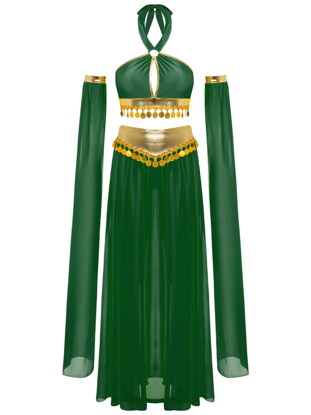 iiniim Women Belly Dance Dress Arabian Greek Princess Halloween Costume Chiffon Skirts 4piece Outfit Green L