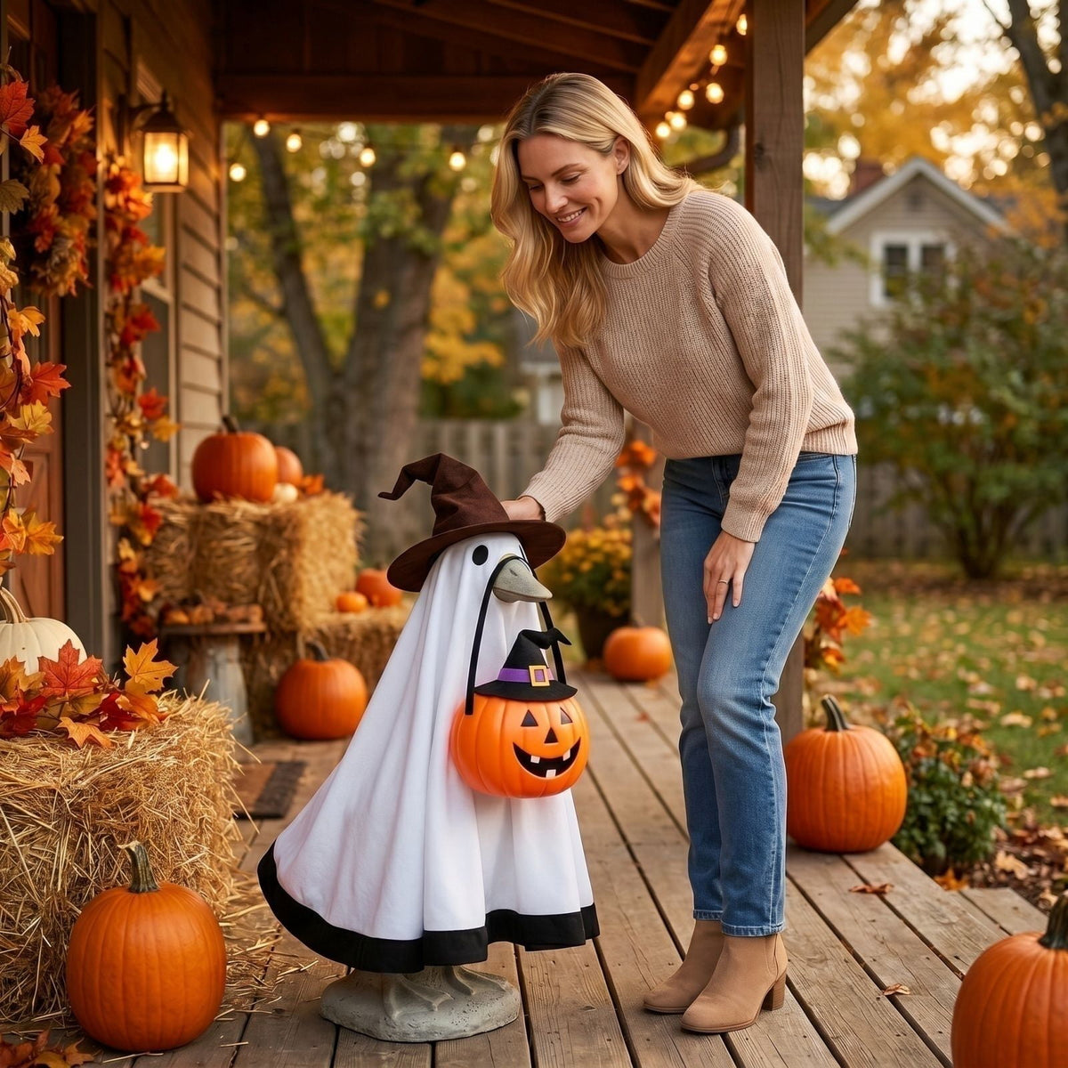 Outdoor Holiday Yard Decor, 23 Inch Porch Goose Outfits, Halloween Pumpkin Themed Porch Goose Clothes, Porch Goose Set with Hat and Treat Bag, Fits Standard 23 Inch Large Porch