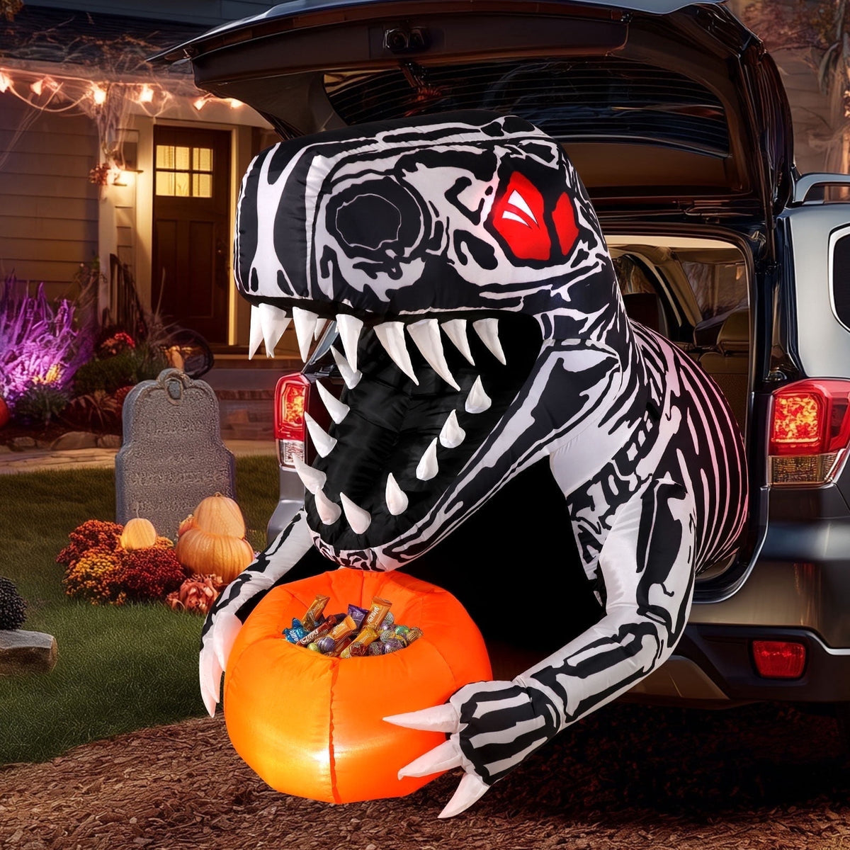 Ayieyill 3.6FT Halloween Inflatable Outdoor Decorations - Trunk or Treat Car Decorations - Halloween Blow Ups Animated Skeleton Dinosaur with LEDs for Halloween Outdoor Yard Decorations