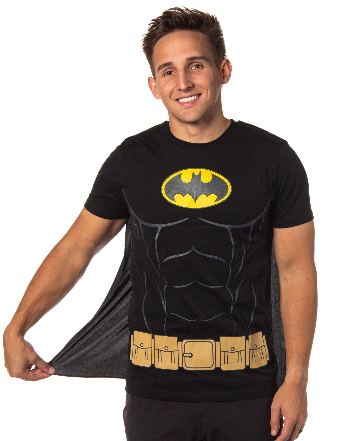 DC Comics Men's Batman Costume Shirt With Detachable Cape Classic Bat Logo Batman Cosplay Tee
