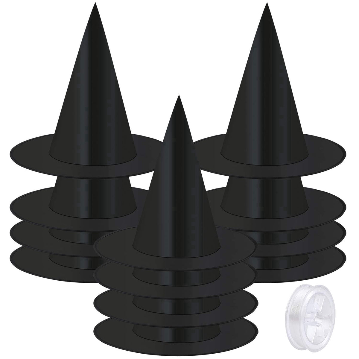Elcoho 12 Pieces Halloween Costume Witch Hat with 100 Yards Hanging Rope for Halloween Yard Decoration
