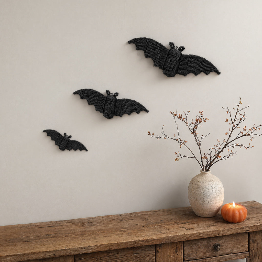 GoLucid Halloween Woven Bat Wall Decoration 3 Pack, Handcraft Rattan Bat Hanging Ornament Set 6.3" 7.48" 9.06", Indoor Outdoor Decor