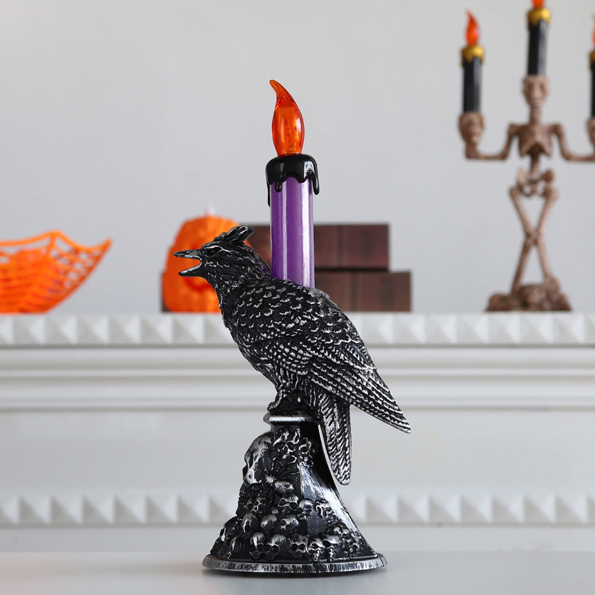 Gothic Mysterious Crow LED Flameless Candle, Luminous Sculpture, Gothic Home Decor Accent, Raven Lamp for Halloween Gifts, Bedroom Bedside, Living Room, Orange