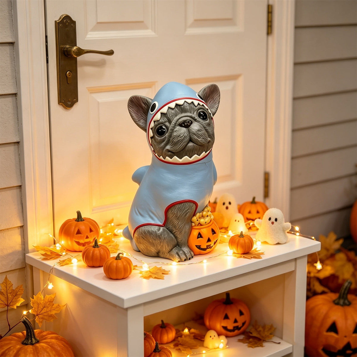 Gray Frenchie in Shark Costume Blow Mold, Halloween French Bulldog Statue with Light Up Pumpkin Decor, Cute Resin Outdoor Indoor Tabletop Dog Ornament, Entryway Patio Yard Decoration, 8"