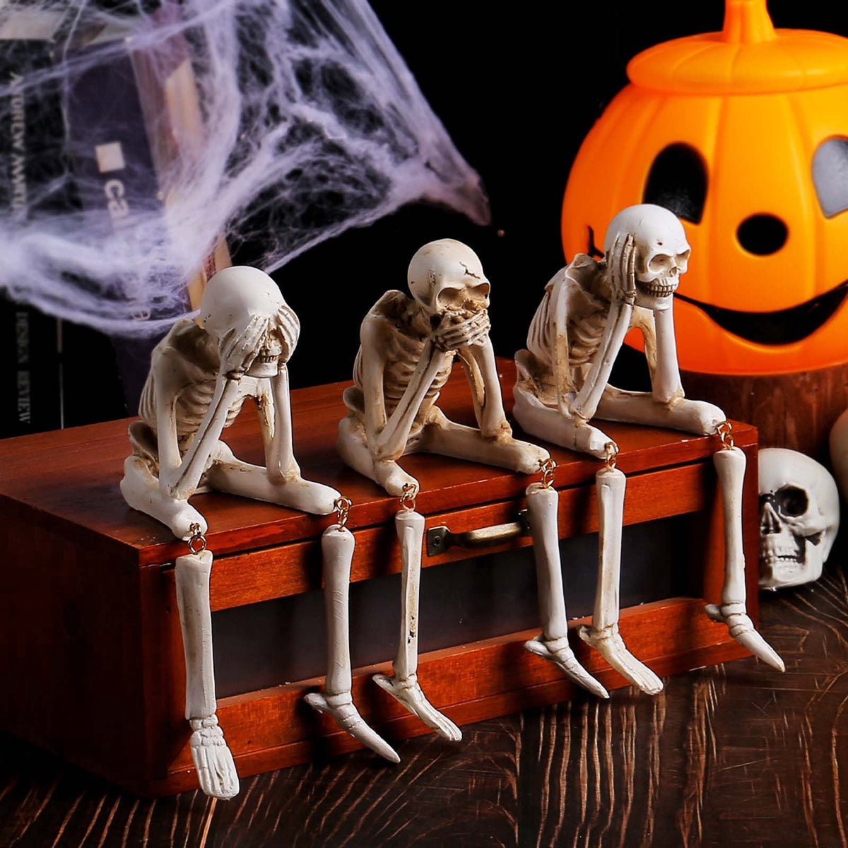 Halloween Decor Skeleton Statue Figurines Skull Decor See No Evil Hear No Evil Speak No Resin Skeleton Shelf Sitters Sitting Figurines for Home Kitchen Party Decor Table Ledge Edge Decorative (C)