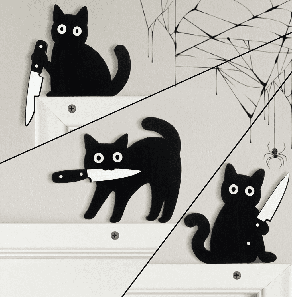 Halloween Wall Decorations Set of 3 Cat-8.6" Black Cat Wooden Indoor Halloween Decoration for Door Cornor for Entrance Hall, Kitchen, Shelf Ultimate Door Corner Decoration