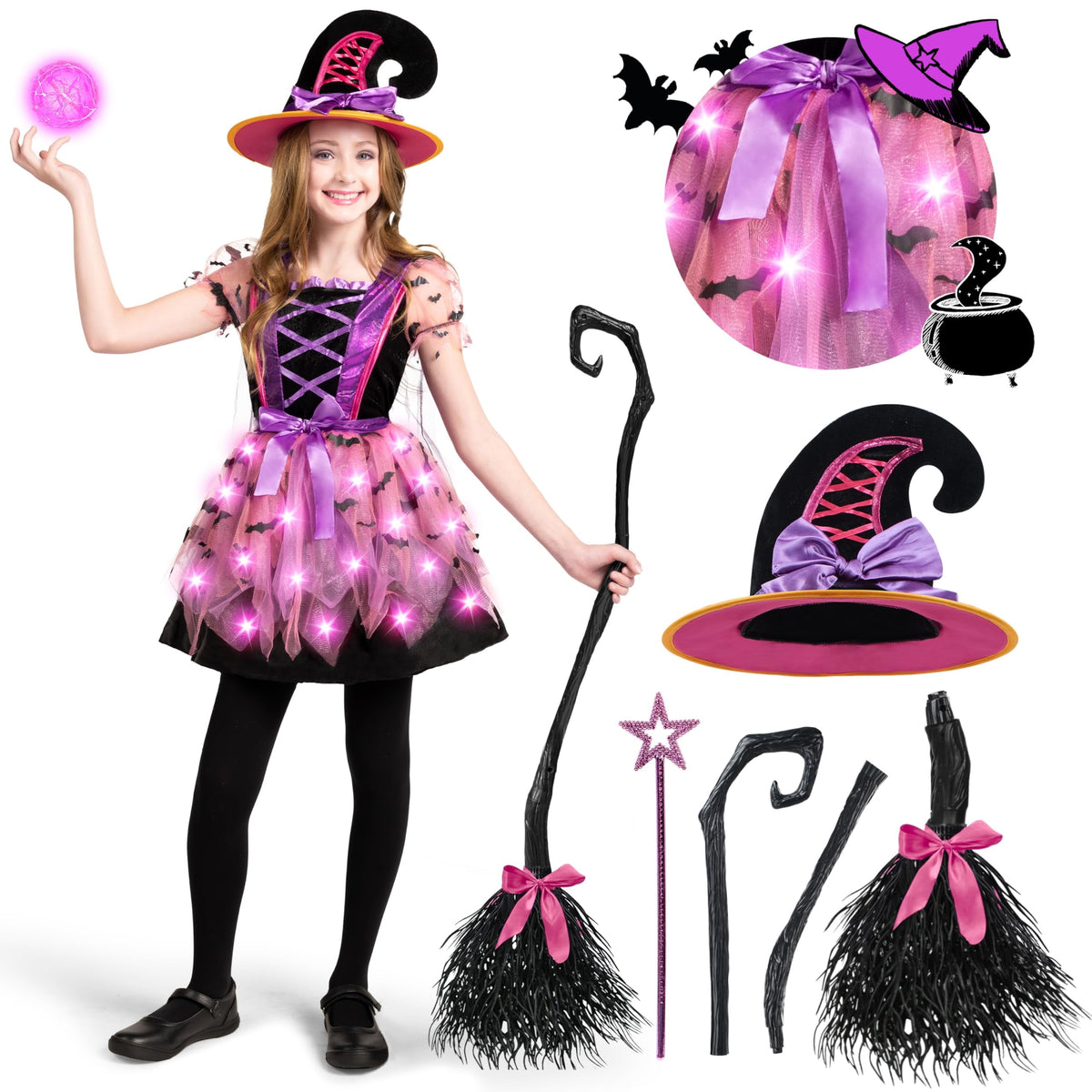 Joyfy Kids Witch Costume, Girls Light Up Witch Costume with Hat and Broom Outfits Set for Toddler Halloween Dress up Cosplay