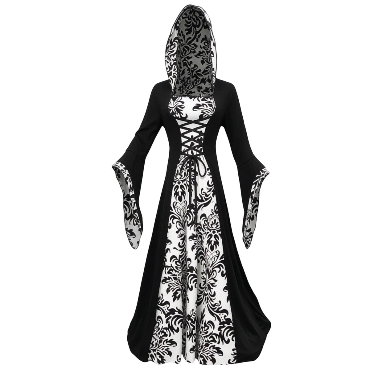 KICILVS Witch Costume Women Hooded Gothic Robe Corset Waist Bell Sleeve Maxi Length Damask Print Vampire Cloak Outfit White