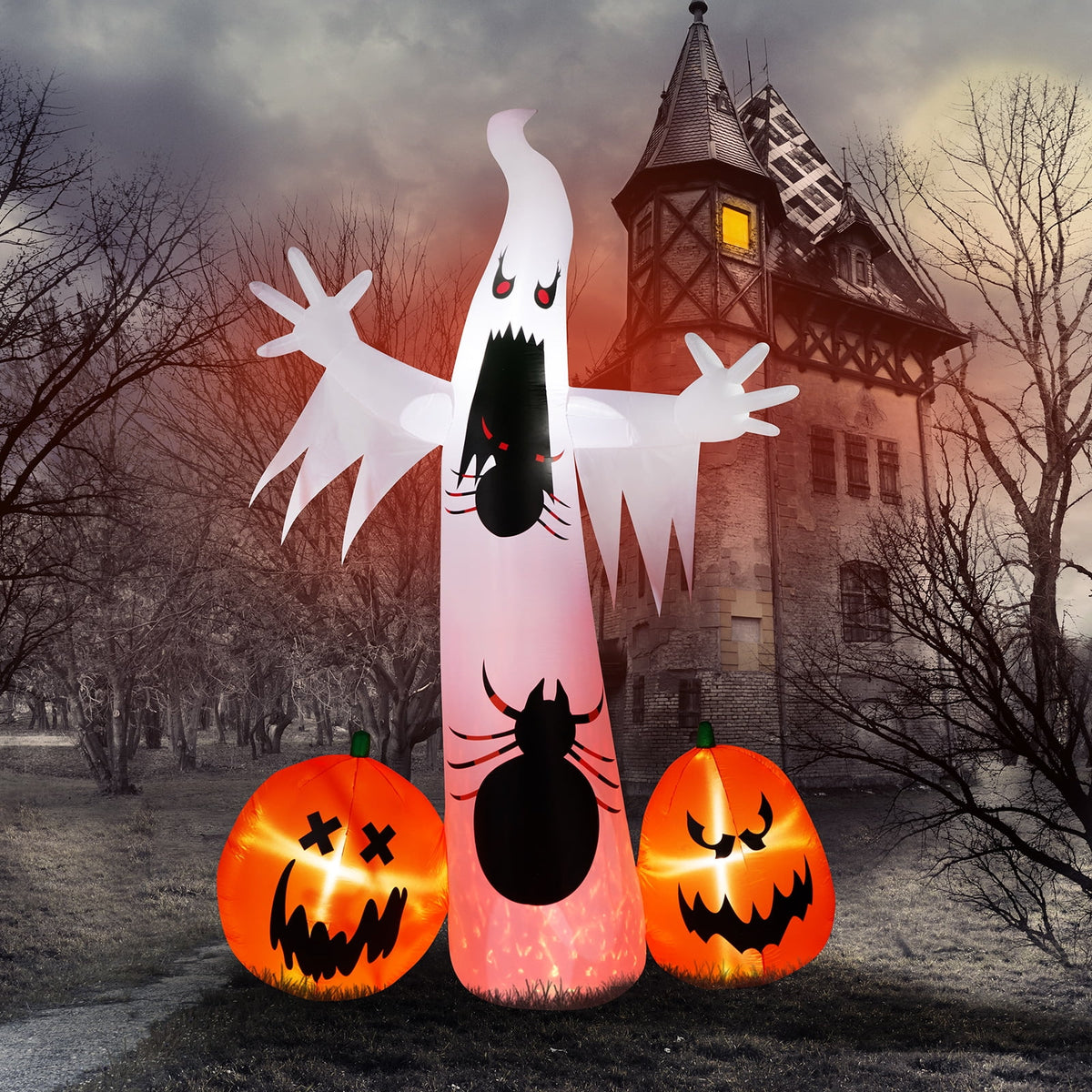 Ktaxon 12' Halloween Inflatables Outdoor Halloween Decoration Giant Ghost with 2pcs Pumpkin Blow up Decor