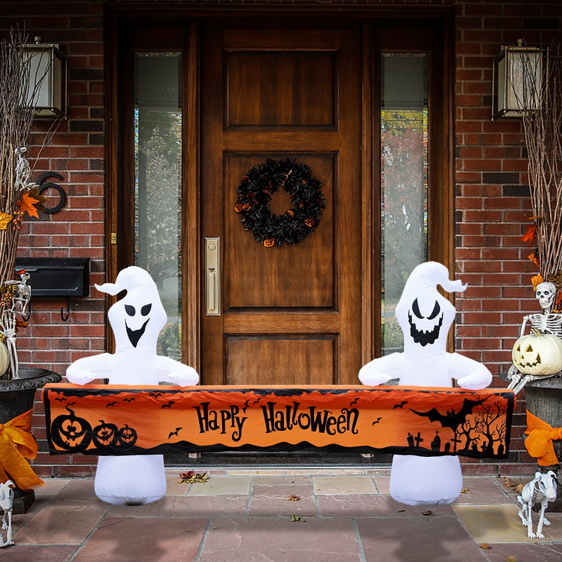 Large Hallowee Inflatable-8FT White Ghosts with Orange Banner Print “Happy Halloween” LED Lights Outdoor Halloween Decorations Blow Up Decoration for Halloween Party, Yard, Garden, Lawn