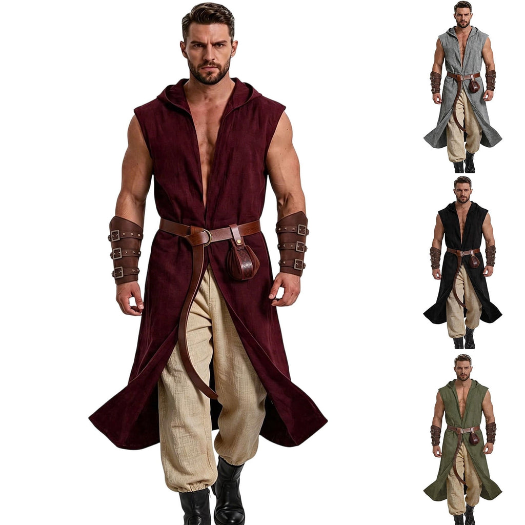 Men's Medieval Vintage Viking 5-Piece Cosplay Costume Set Sleeveless Hooded Cape Belt and Bracers for Halloween