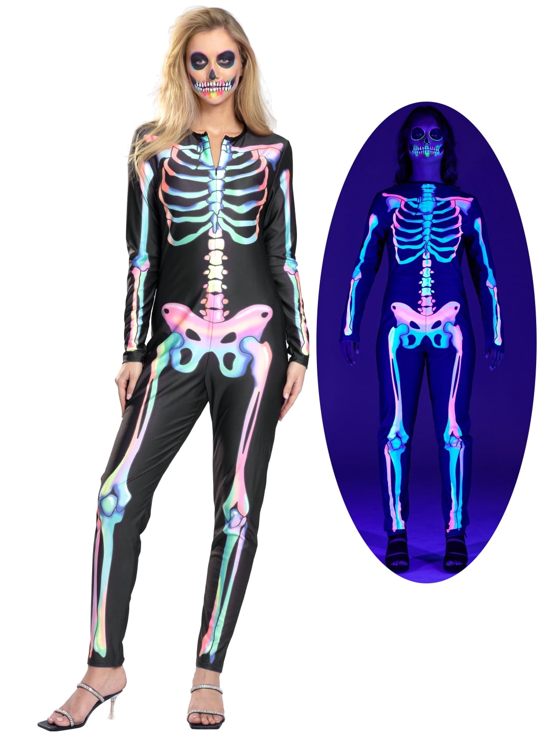 Seasons Women's Halloween Skeleton Costume, Double-Sided Colourful Pattern, Black Light Reactive