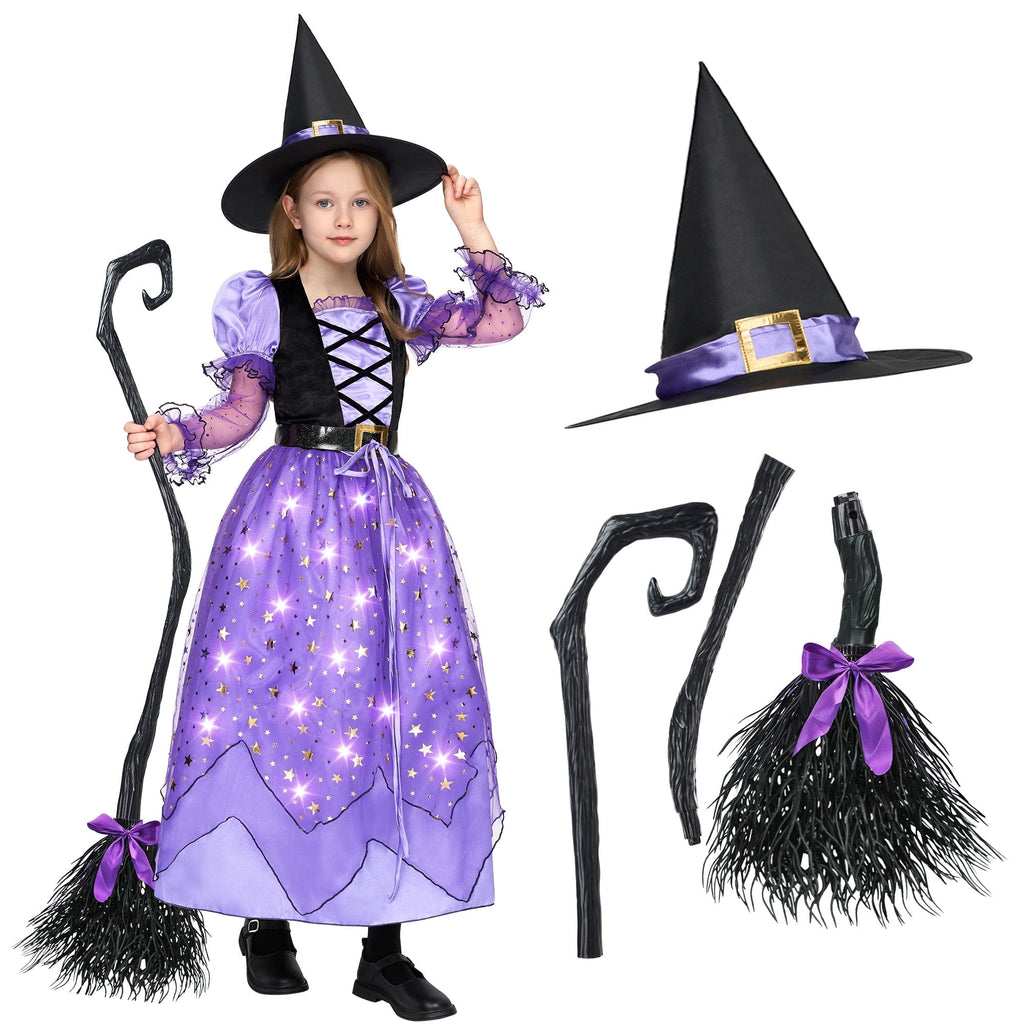 Joyfy Light Up Witch Costume Set for Girls, Starry Witch Dress with Broom Belt Hat for Kids and Toddlers, Perfect for Halloween Party Dress-Up Cosplay (5-12 Years)