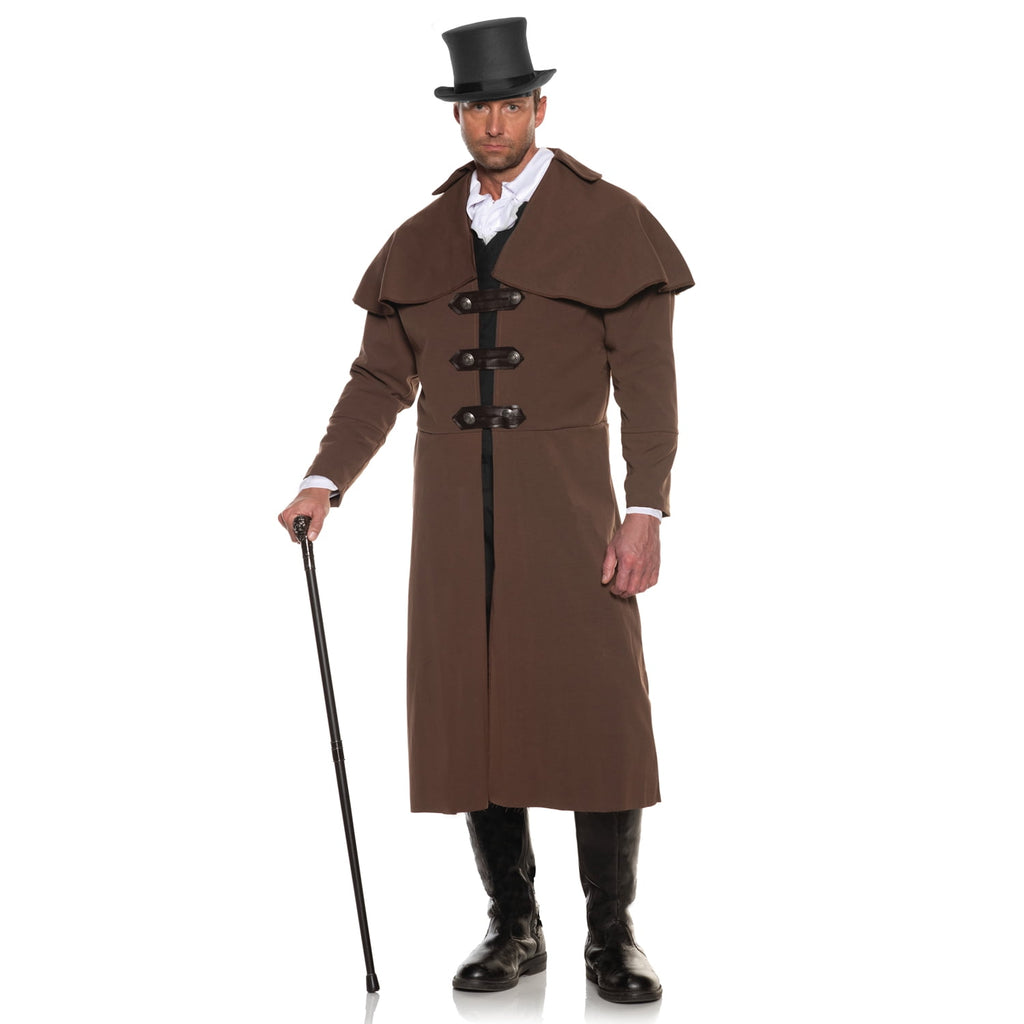 UNDERWRAPS Mens Victorian Carriage Coat - Renaissance Costume, Full Length Coat With Attached Capelet And Strap Closures, Steampunk Cosplay