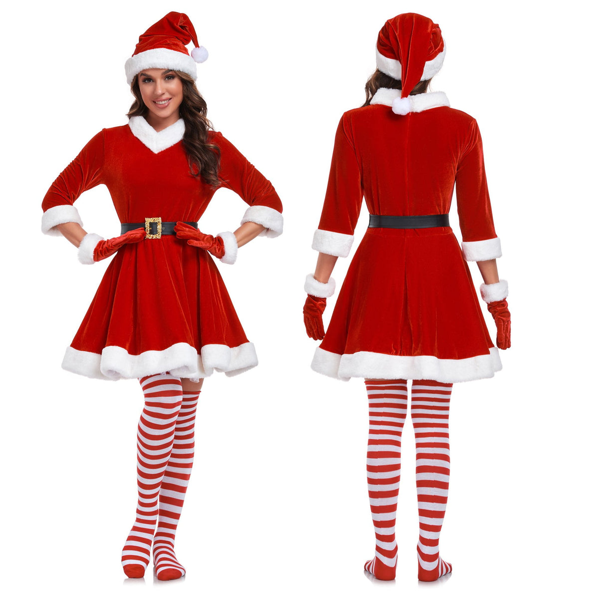 Women Christmas santa Set 5 Piece Sexy Santa Red Dress with Hat Belt Gloves and Socks