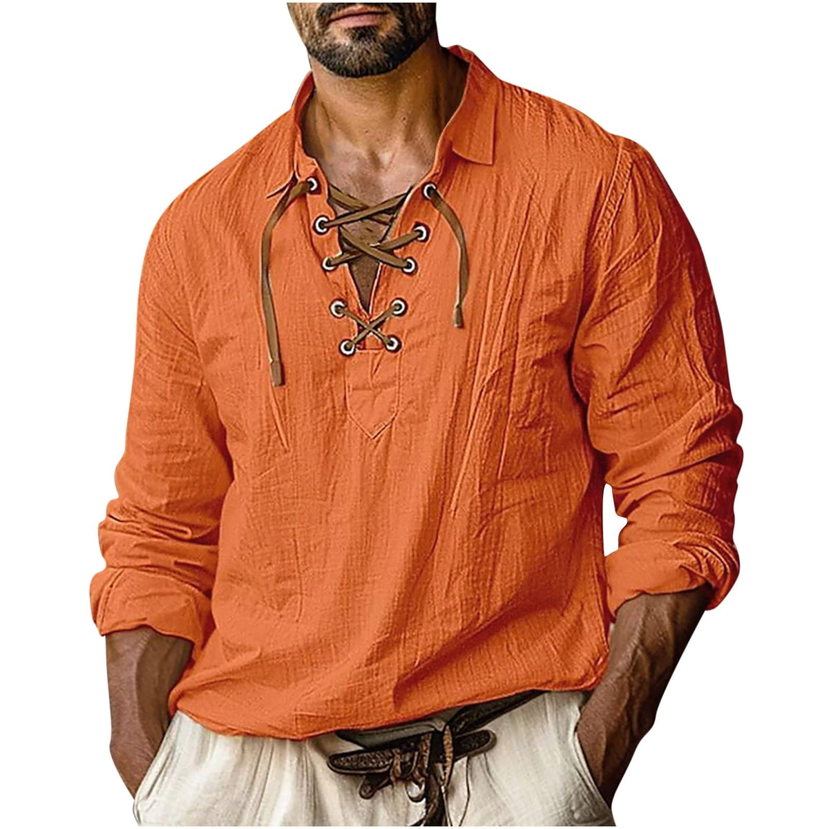 YLSDY Men's Medieval Renaissance Pirate Shirt Vintage Linen Tunic Tops V-Neck Long Sleeve Lace-Up Loose Fit Blouse Orange XXXL