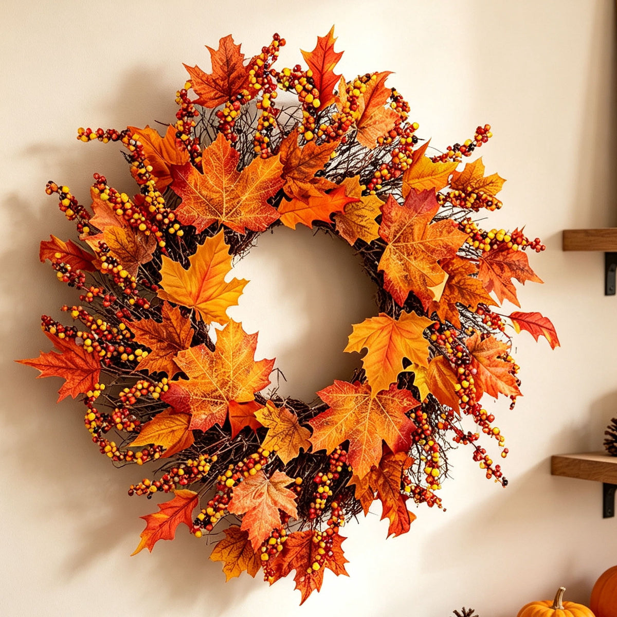 HOARBOEG Handmade Wrought Iron Maple Leaf Wreath, Thanksgiving Rudolph Fall Harvest Door Hanging, Orange Metal Autumn Wreath with Berries, Garden Wall Decor, 15.75 in