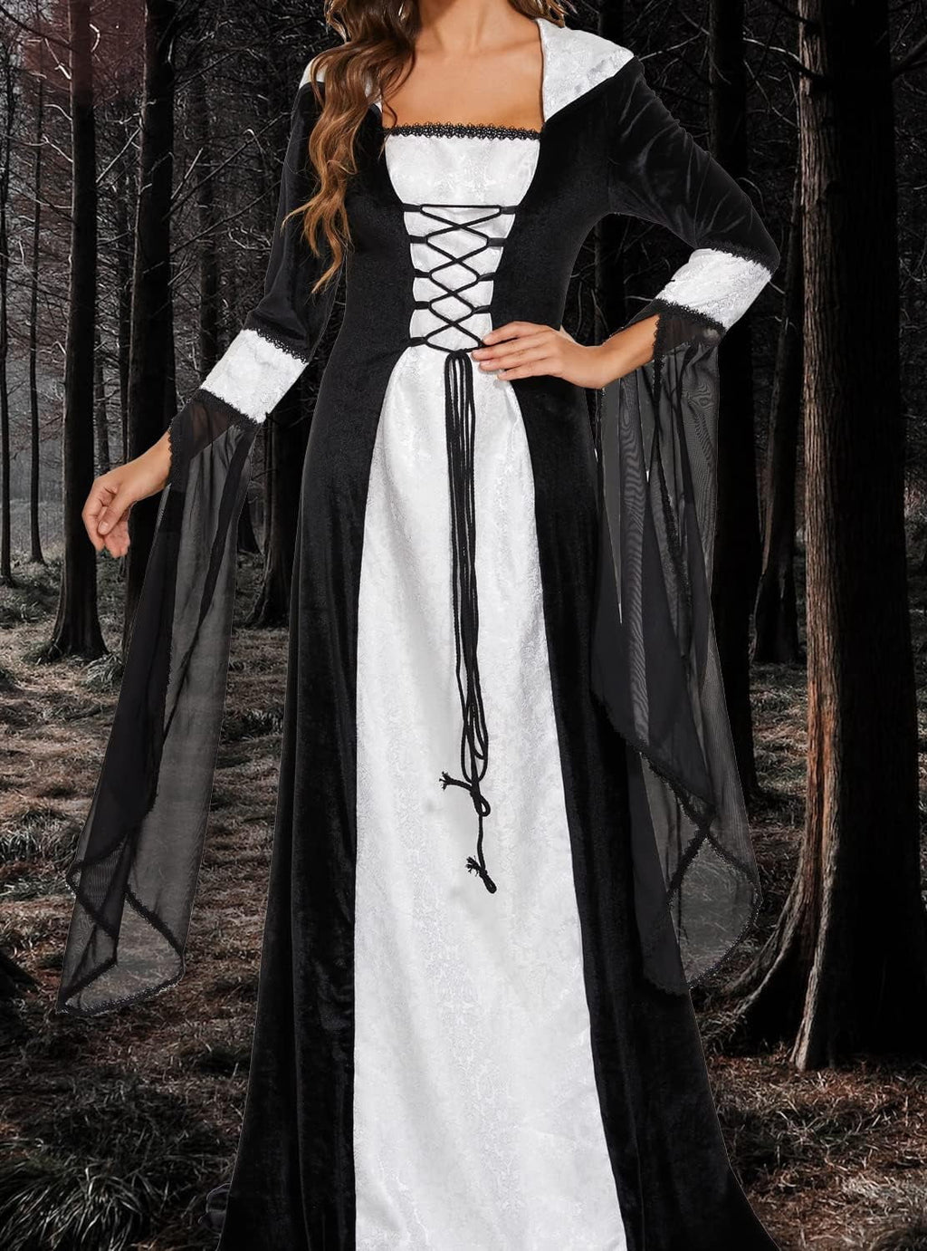 Halloween Witch Costume Women, Deluxe Witch Dress Costume, Vintage Embroidered Renaissance Gothic Hooded Vampire Gown Dress Cosplay Costumes Red S