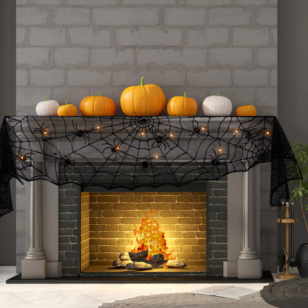 Fun Little Toys 8.4" Feet Halloween Lace Mantle Runner with String Lights,Halloween Decoration,Halloween Party Supplies,Halloween String Lights for Halloween Home Party Décor