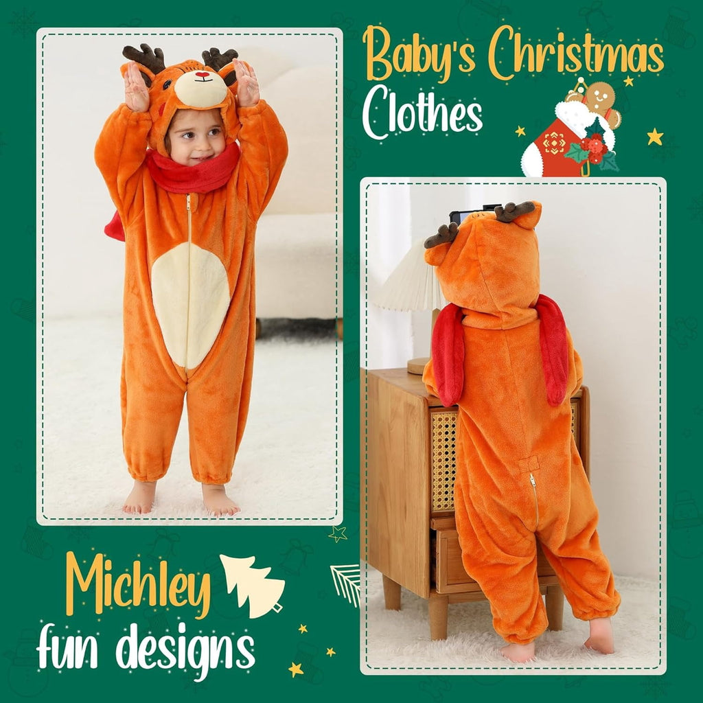 WIBACKER 0-3T Unisex Baby Animal Costume Winter Autumn Flannel Hooded Romper Christmas and Halloween Dinosaur Cosplay Jumpsuit