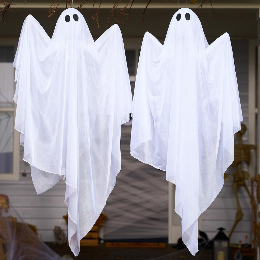 Joyfy 47inch Halloween Decorations Outdoor Hanging Ghost,Light up White Ghosts with Spooky Warm White LED Light,Halloween Outdoor Yard Porch Decorations,Haunted House Decorations