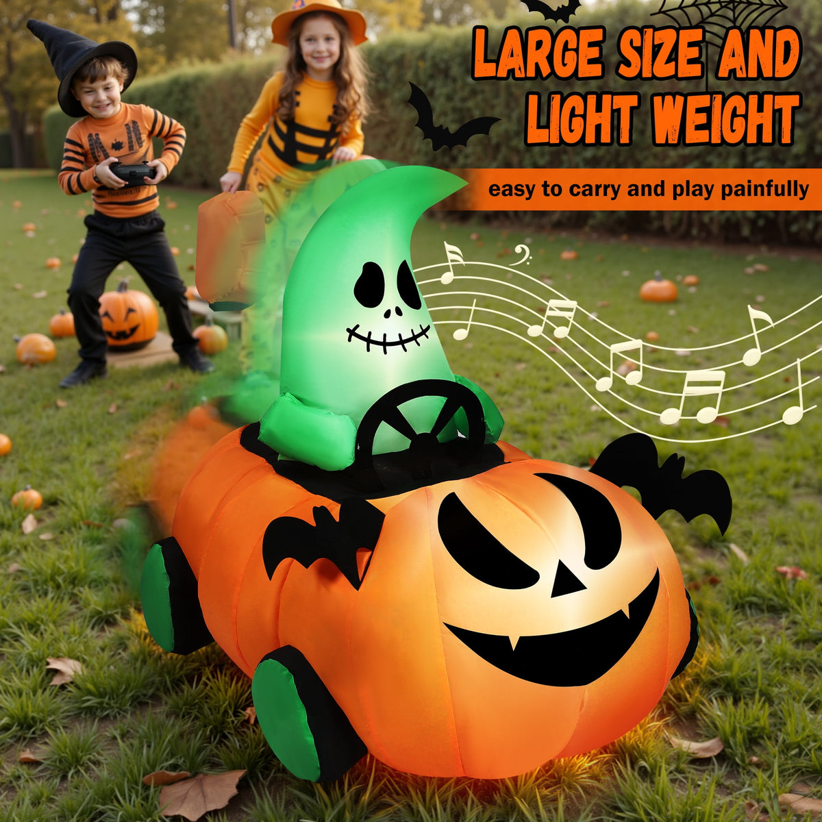 Firstness 2.6ft Halloween Inflatable with Music and Lights,Remote Control Pumpkin Ghost Car,Blow ups Rc Car,Indoor Outdoor,Orange Green