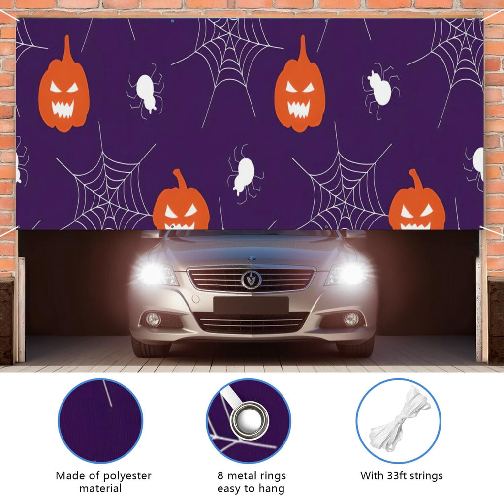 Halloween Garage Door Cover - 13x6ft Spooky Ghost Pumpkin Skull Witch Black Cat Polyester Backdrop for Outdoor Decor