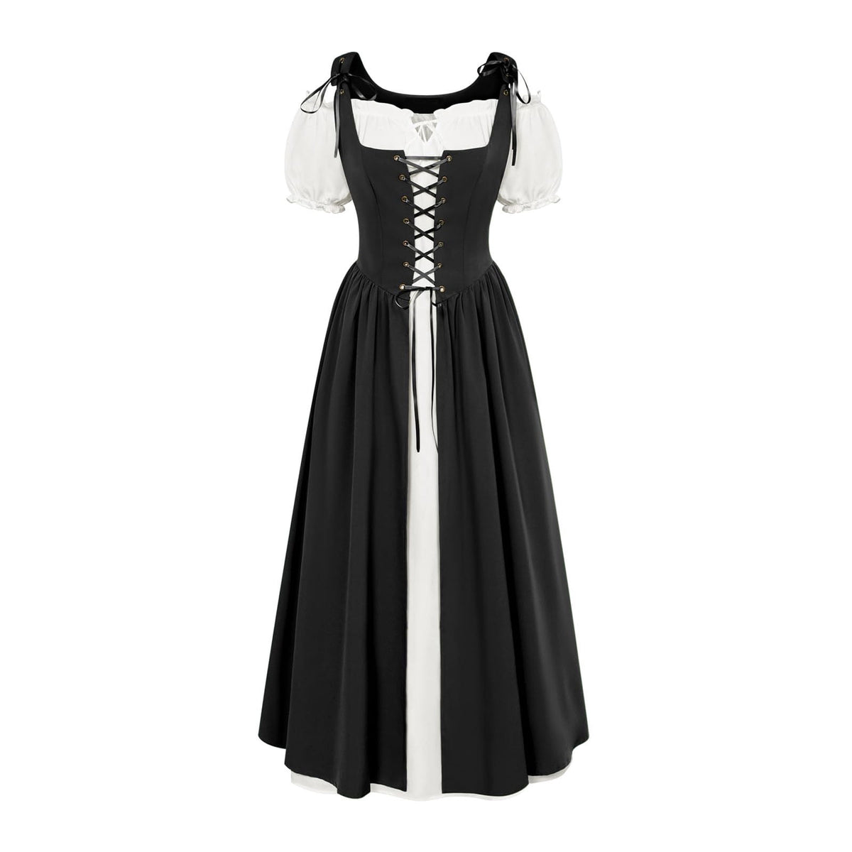 QATAINLAV Renaissance Costume Women Vintage Medieval Dress Cold Shoulder Short Sleeve Peasant Pirate Irish Maxi Dresses, Black, L