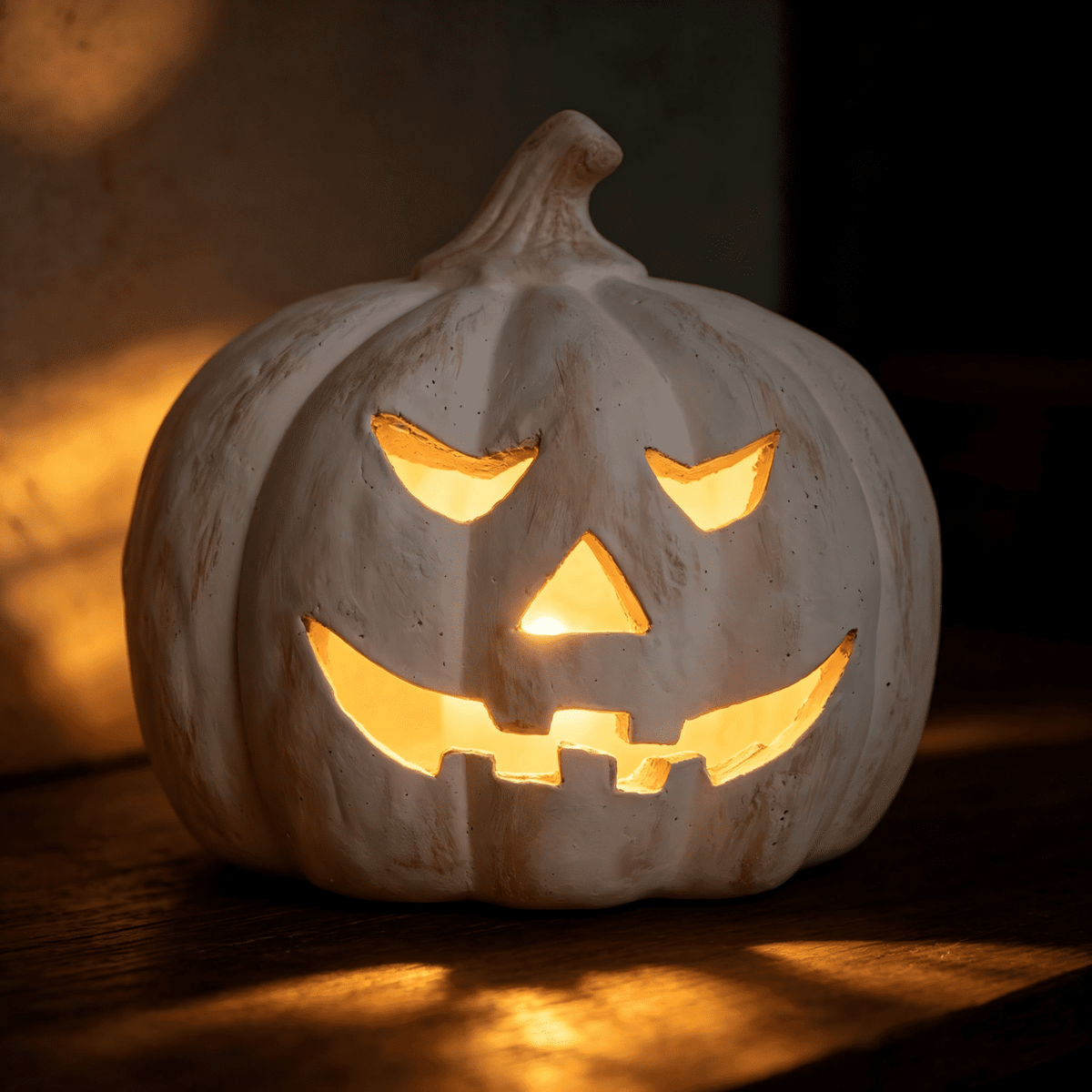 Fall Decor - Halloween Decorations - 5.9"H White Handmade Resin Pumpkin Jack O' Lantern with Flameless Candle - Outdoor Indoor Autumn Decoration for Table Centerpieces Porch Room Front Door