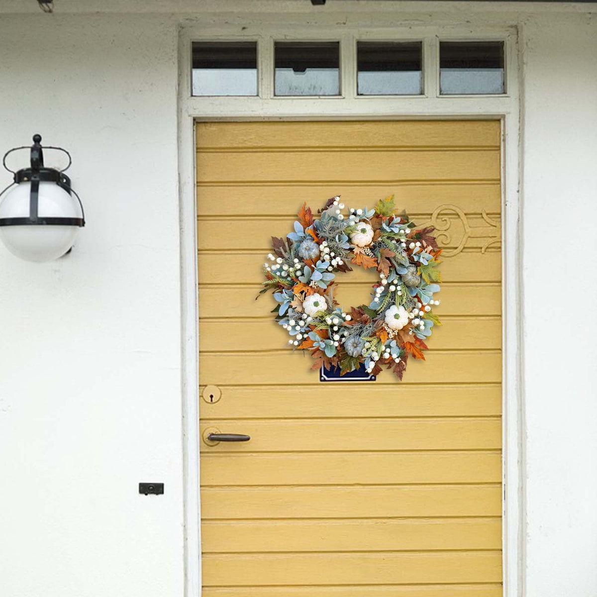 Btomtd Diameter 8" Pumpkin Skull Wreath Halloween Decor Acrylic Round Disk Hanging Ornament with Garland for Front Door Window, A