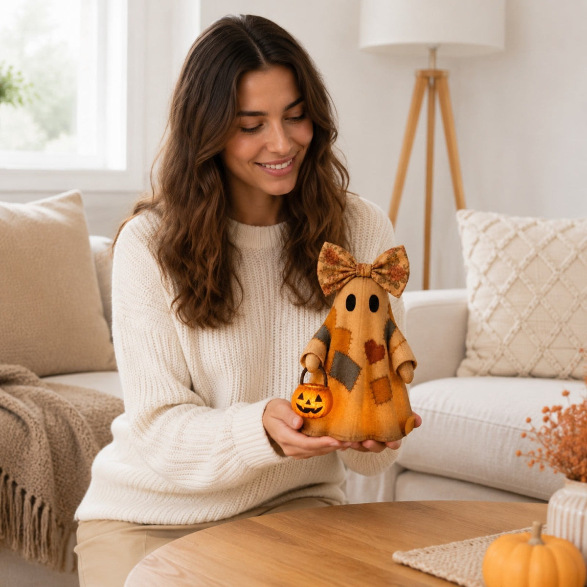 Tumdkd Vintage Patchwork Ghost Decor with LED Pumpkin Light, Soft Fabric Halloween Ornament for Mantel Shelf Tabletop, Cozy Family-Friendly Holiday Accent