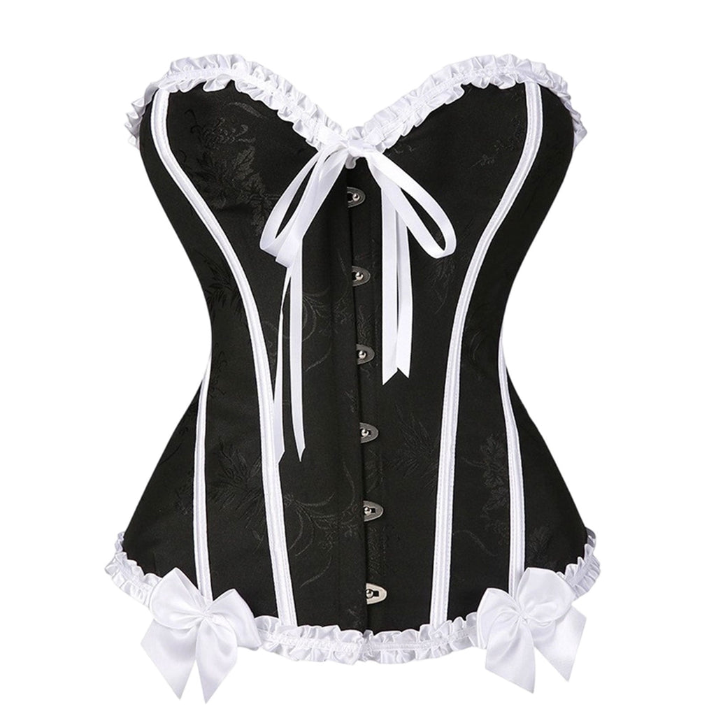 JOANKDMI Women's Chic Gothic Steampunk Corset Top with Ribbon Tie and Ruffle Trim Elegant Bustier for Pirate Roleplay and Vampire Halloween Dress Up Outfit