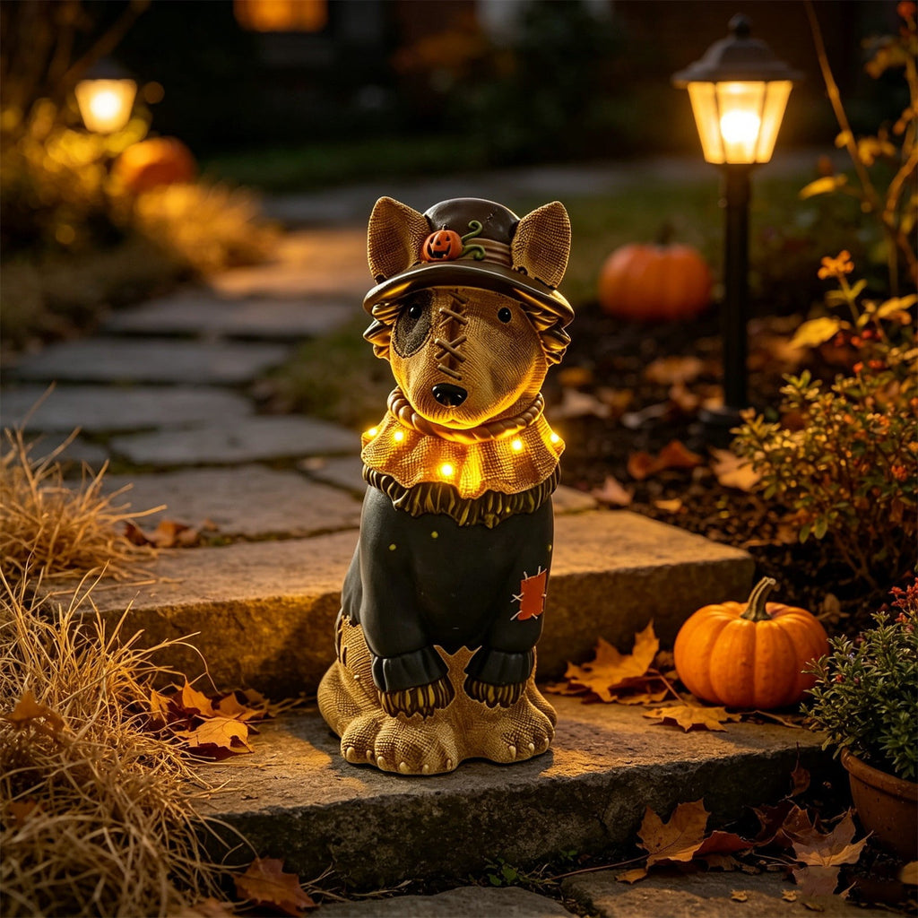 Lighted Scarecrow Bull Terrier Halloween Blow Mold, Cute Puppy Pumpkin Hat Halloween Decor, Resin Ornament for Patio Yard Tabletop Home Decoration, 8"